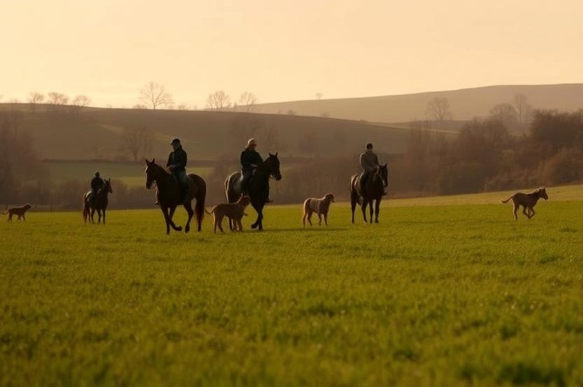 Riders and hounds in evening light
