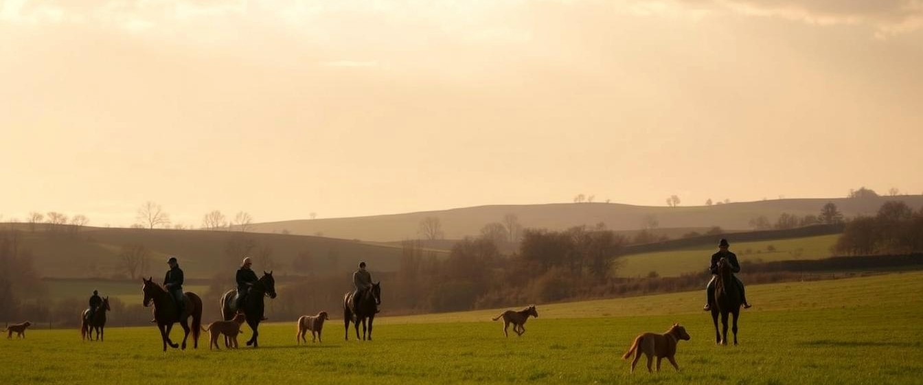 Riders crossing open countryside