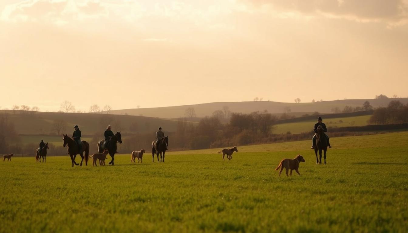 Riders and hounds crossing rolling countryside in evening light